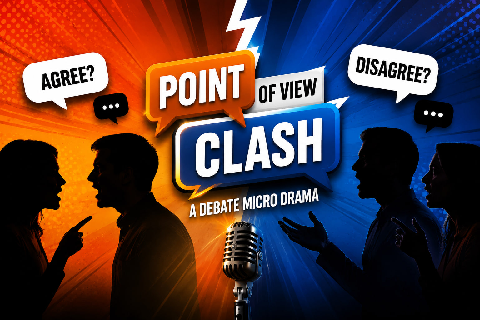 Point of View Clash cover art: two pairs of silhouetted people arguing across an orange and blue split, with speech bubbles reading Agree? and Disagree?
